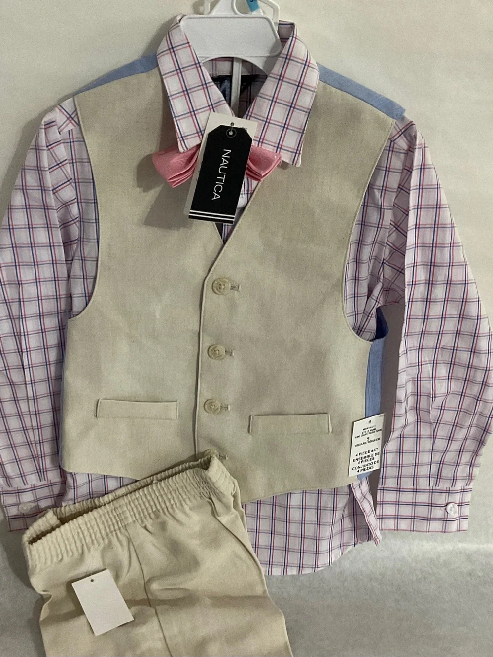 Nautica Beige Vest with Pink Plaid Shirt and Pink Bow Tie